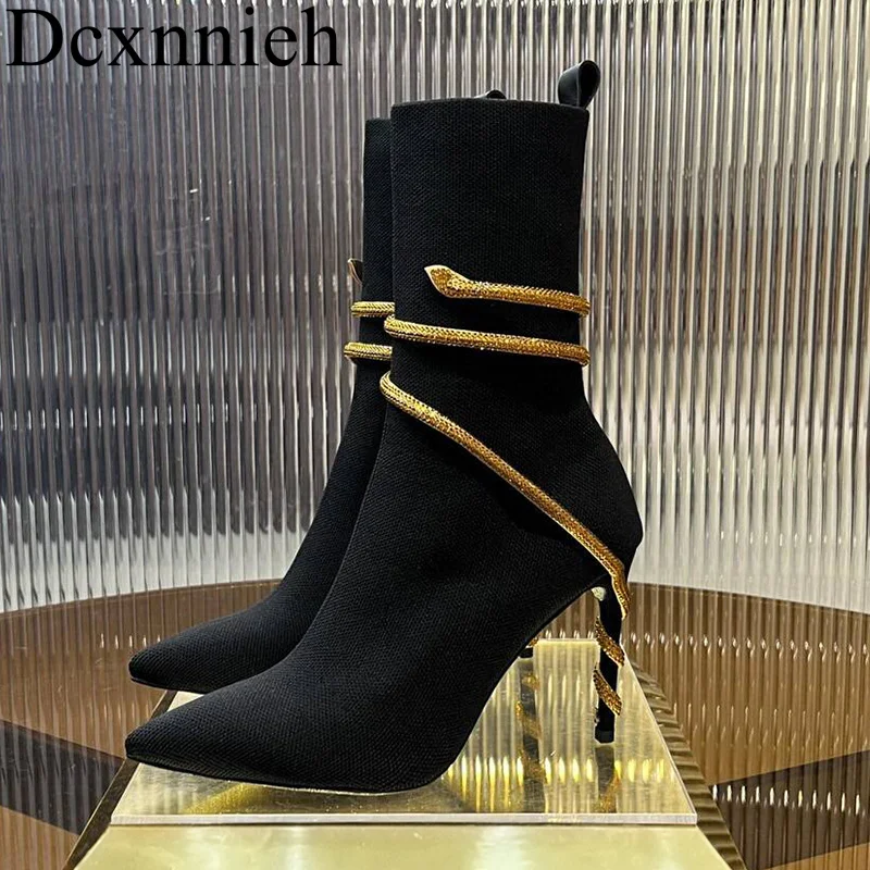 

Thin High Heel Knitted Socks Boots Women Pointed Toe Serpentine Rhinestone Winding Ankle Botas Autumn Sexy Modern Short Boots