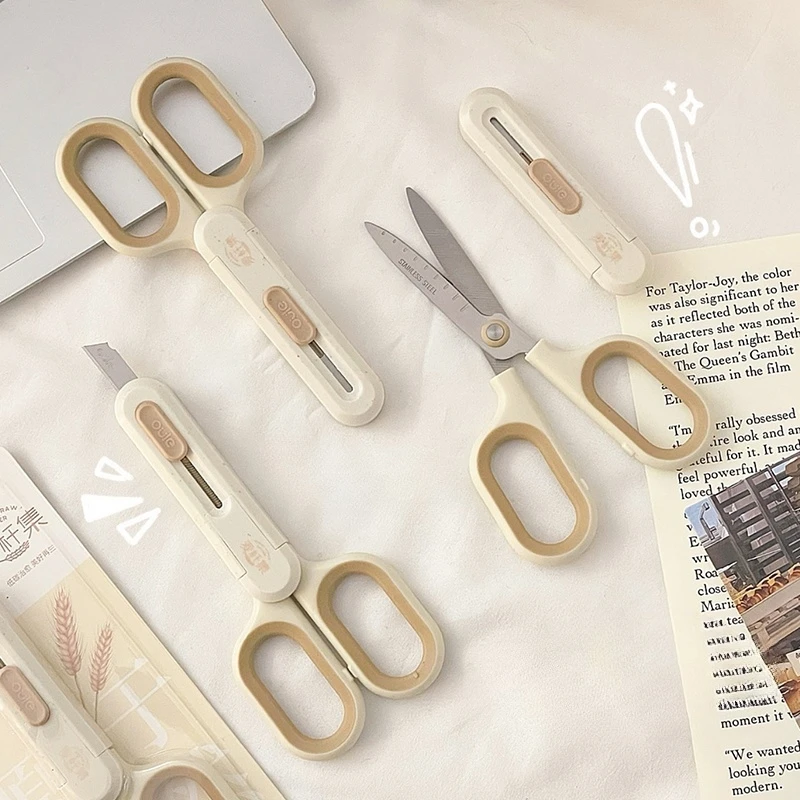 Tragbare, erweiterbare Messerschere – 2-in-1-Schere, Weizenstroh, Nature-Serie, Umschlagmesser, Express-Boxen, Verpackung A7847