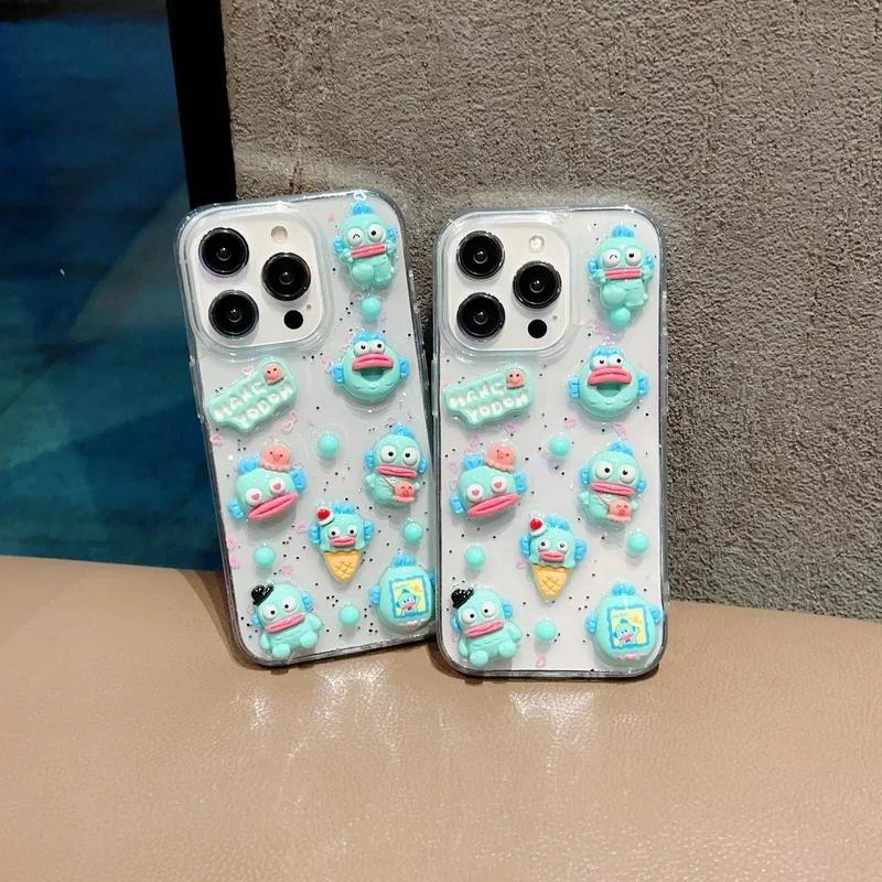 3D Cute Cartoon Sanrio Hangyodon Transparent Phone Case For iPhone  iPhone 16 15 14 13 12 11 Pro Max Shockproof Back Cover