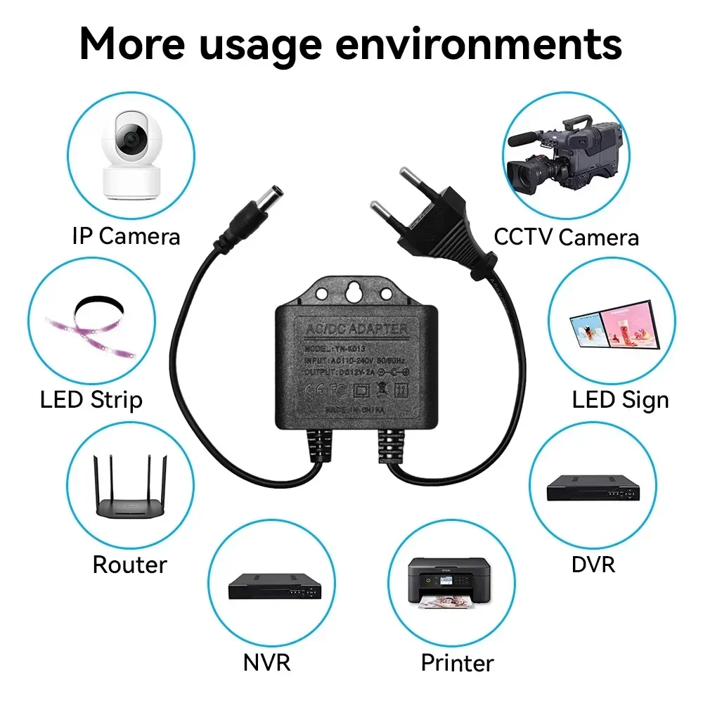 12V 2A Waterproof Power Supply Outdoor 110-240V AC DC Adapter for Security CCTV Camera All Weather
