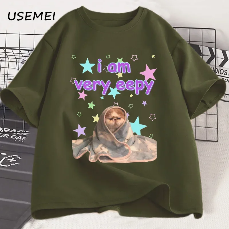 I Am Very Eepy Funny Cat Blanket T-Shirt Cute Sleepy Cat Graphic Tee Women Men Round Neck Print T Shirt Short Sleeve Streetwear