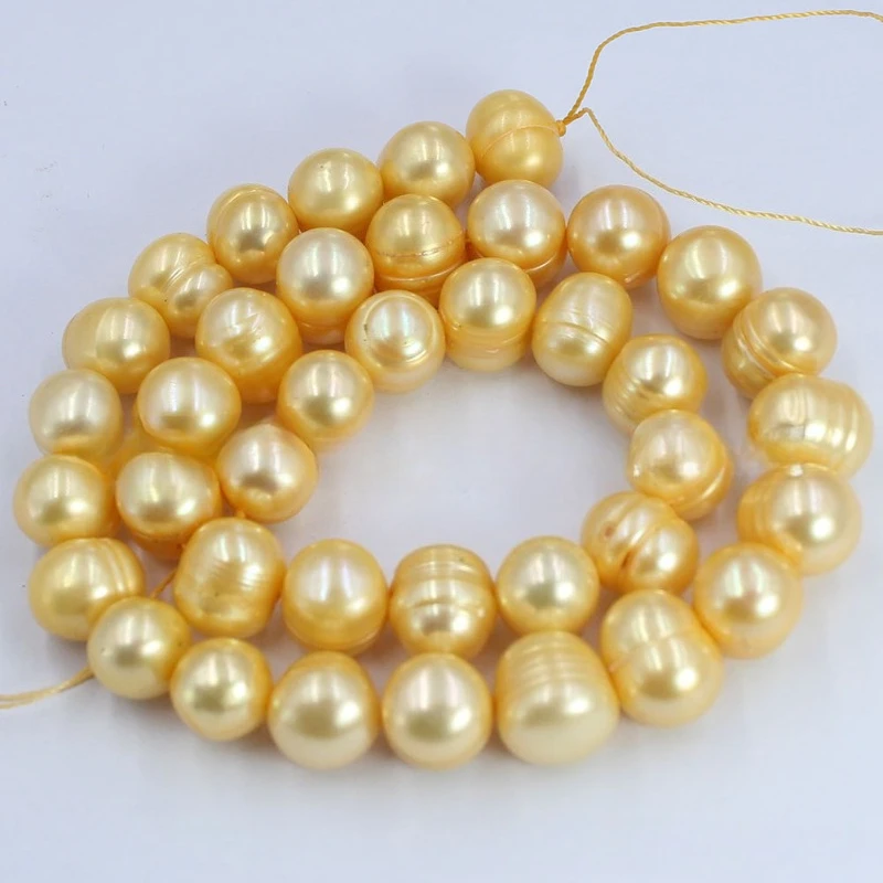 Natural 11-12mm Thread, Nearly Round Gold Pearl Bead, Through-hole Loose Bead Jewelry, Necklace, Bracelet Jewelry