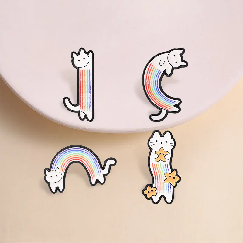 Rainbow Arch Cat Enamel Pin, Crayon Color Striped Kitty Brooch With Hand Drawn Style For Cat Lovers And Cute Decor