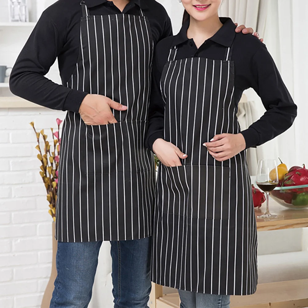 White Black Striped Kitchen Restaurant Gardening Cafe Work Clothes House Work Accessories 2 Pockets Adjustable Neck Hanger Apron