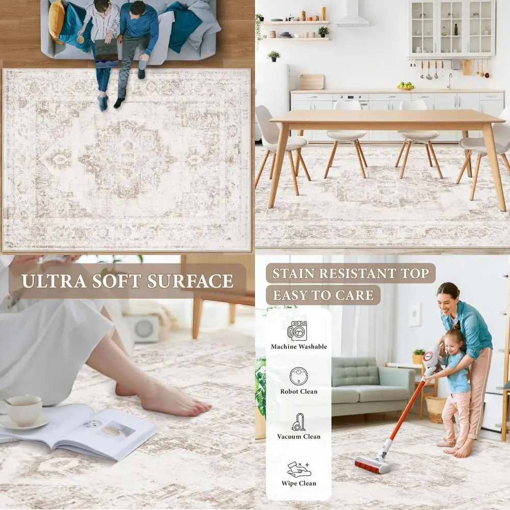 

Vintage Large 9x12 Area Rug: Washable Indoor Medallion, Low Pile, Distressed Style, Retro Accent, Ideal for Living Room Floor Ca