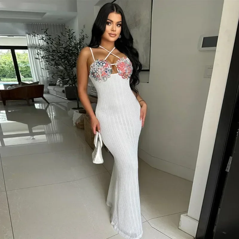 GUWU strapless backless bedrukte gebreide lange maxi-jurk bohemien strandvakantie avond straat dames feestjurken