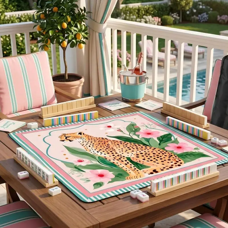 VIKAMA Macaron Pink Leopard Floral Mahjong Mat Striped Edge Non Slip Outdoor Party American Poker Mahjong Pad