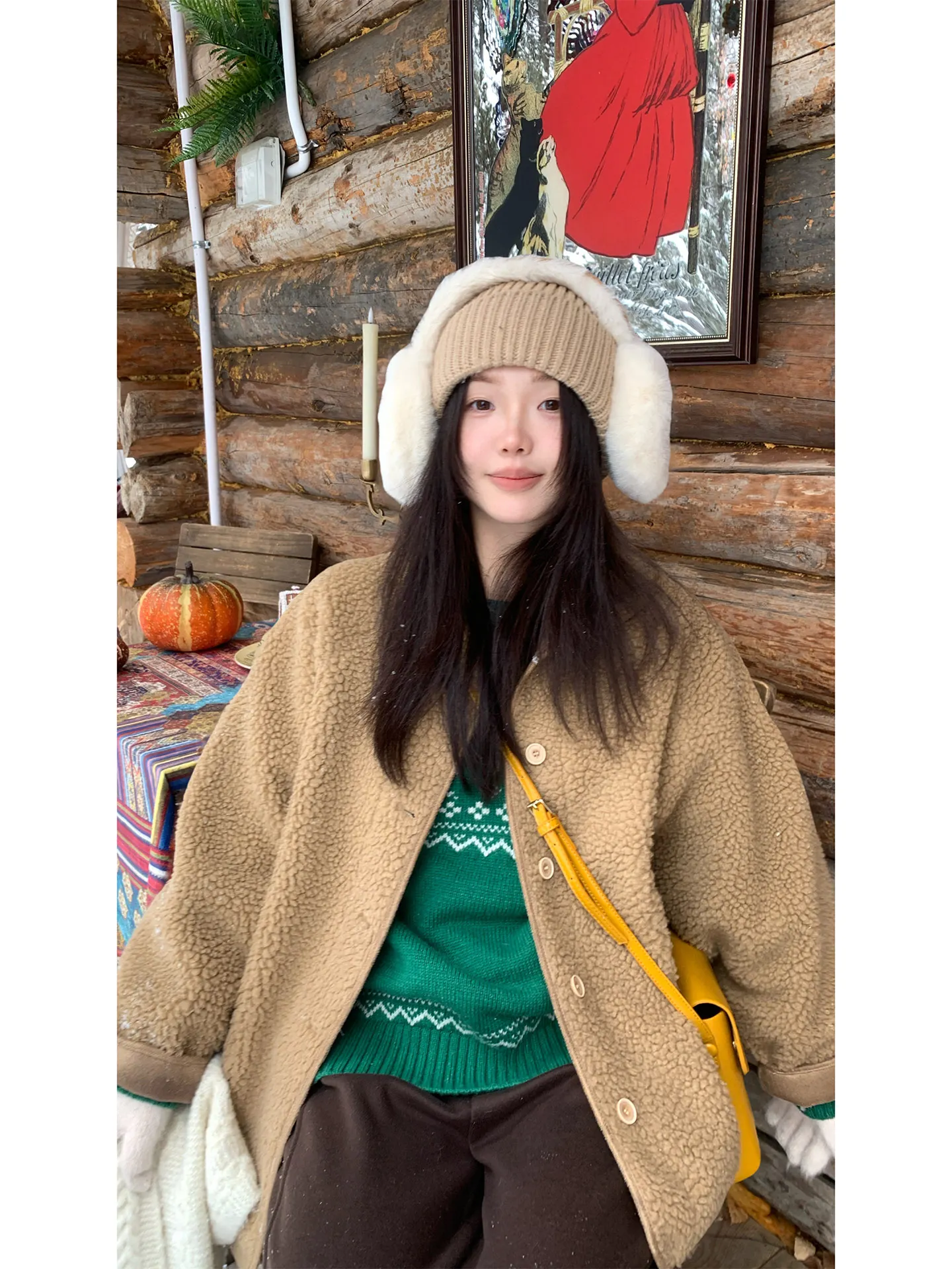 

Vintage Sle ort Outerwear Women's Lamb Fur Particle Velvet Jaet Fake Leather And Fur Inteated Turn-down Collar Coat