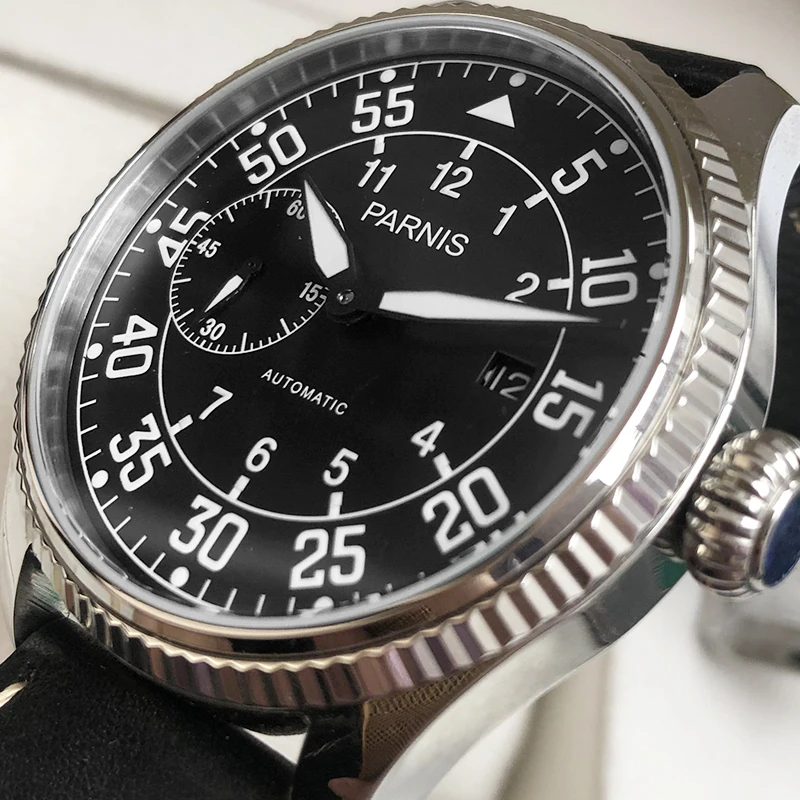 Fashion Parnis 45mm Black Dial Automatic Watch Man Power Reserve Mechanical Watches Leather Waterproof Watch Men relojes Hombre