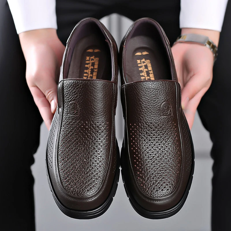 

Mens Black Genuine Leather Perforated Slip On Loafers Breathable Soft Sole Comfortable Casual Shoes For Middle Aged Dad Simple