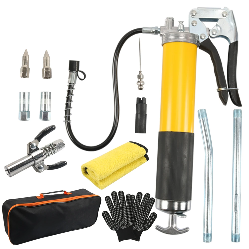 Picture 3: Grease Gun Kit, 7000 PSI Heavy Duty Pistol Grip Grease Gun with 14 oz Capacity, Includes 18 Inch Resin Flex Hose, Double Handle