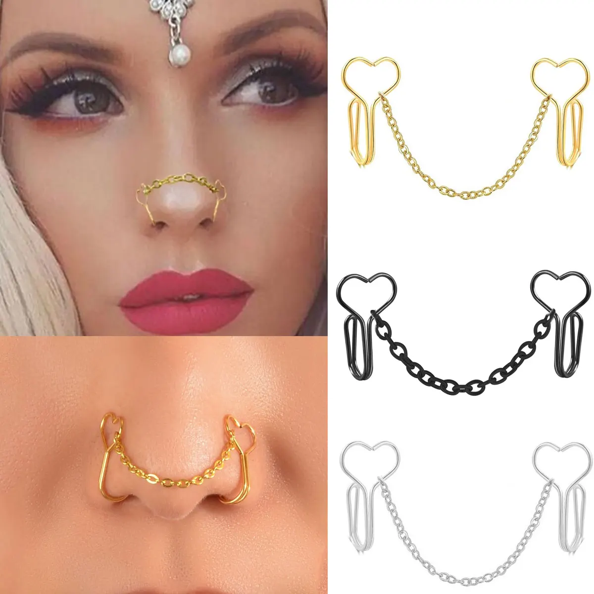 Piercing de cadena para la nariz de acero inoxidable, Color dorado, Piercing para la nariz, tabique, Piercing para la nariz doble, joyería para el cuerpo para mujer