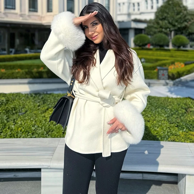 Typhaland 2026 New Fox Fur Woolen Coat Women Office Lady Removable Short Coat Elegant Double-sided Wool Overcoat Cardigan Jacket