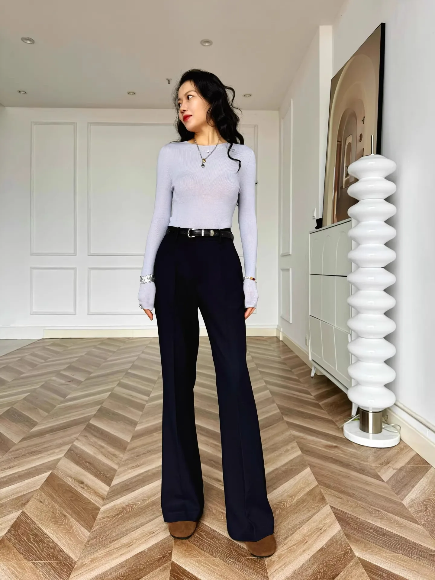 High Waist Slimming Blue West Pants New Color Mixed Fabric Easy Care Washable Narrow Micro Flared Commute Style Straight Tube