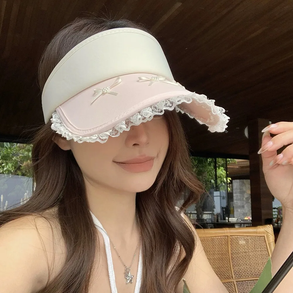만화 캐릭터 스타일의 빈티지 리본 레이스 챙 여성용 썬햇, 넓은 챙, 사이즈 조절 가능, 자외선 차단 모자, 소녀용