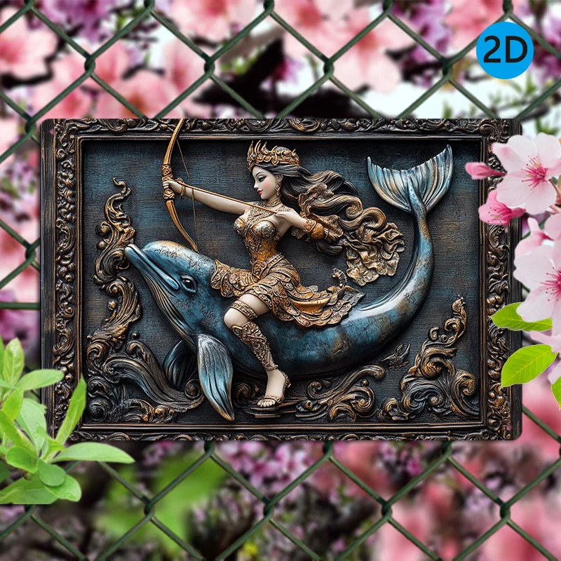 

Vintage Indian Goddess & Dolphin Aluminum Wall Art, Metal Tin Sign for Home, Office Decor, Durable & Fade-Resistant