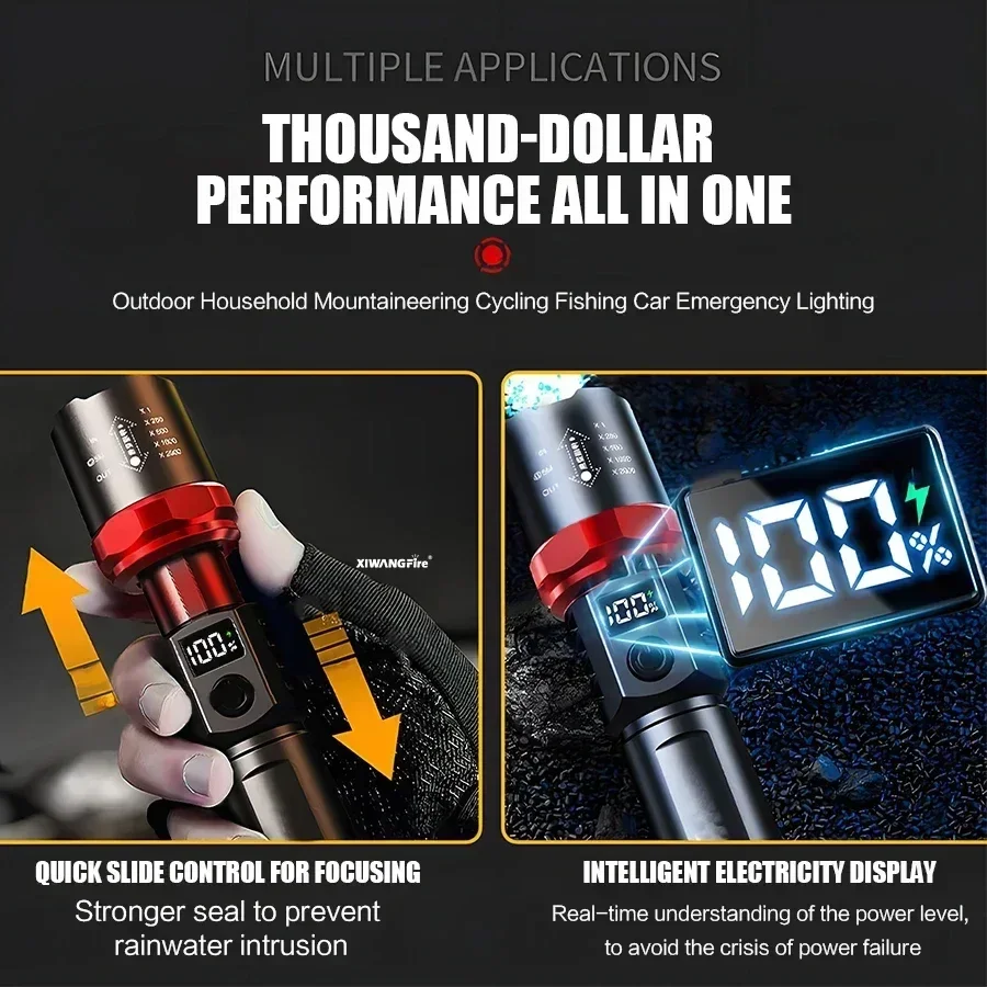 Telescopic Zoom Tactical Flashlights Rechargeable LED Torch 3 Lighting Modes Long-Range Waterproof Camping Fishing Flashlight