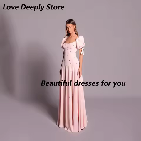 Luxury Evening Dress Jersey Crystal Pink Evening Gowns A Line Short Sleeves Long Dresses 2026 Women's Evening Gowns Customized