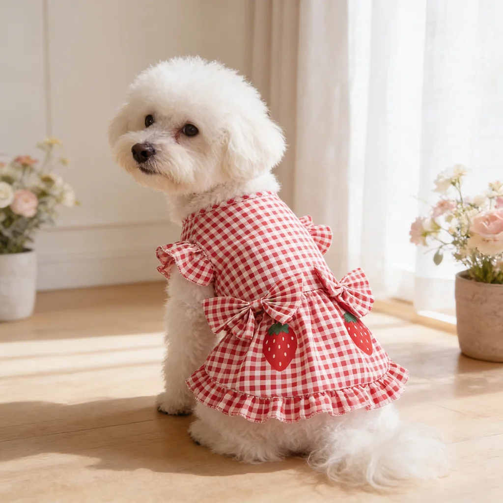 Vestido a cuadros rojo y blanco con fresas para perros y gatos - imagen 4