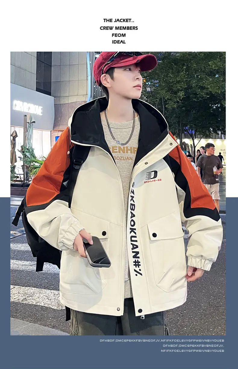 Modische Herren Freizeitjacken mit Kapuze 2026 Frühling Herbst Alltagsmantel Jugend High Street Loose Windbreaker Outdoor Oberbekleidung – Detail 11