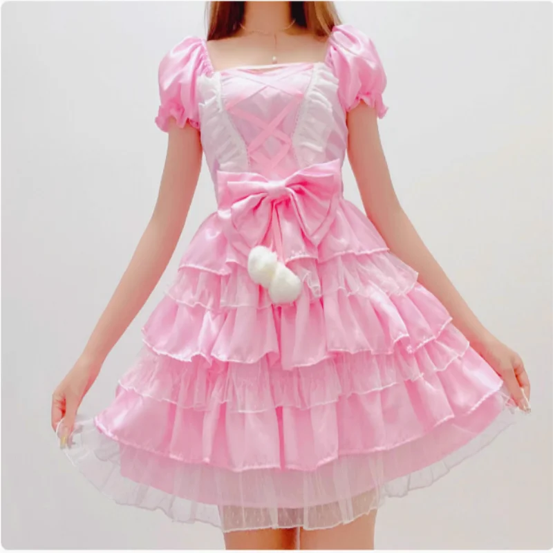 Sexy Pink Glossy Bubble Sleeves Satin Dress Lolita Style Original Sissy Maid COS Bowknot Lace Ruffle Sweet Princess Puffy Dress