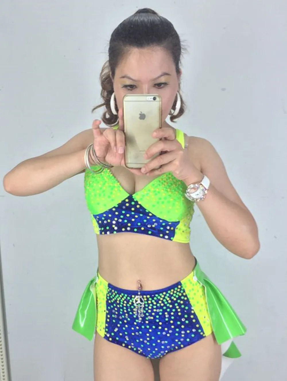 الفلورسنت الأخضر الراين بيكيني القطب ملابس رقص ملهى ليلي بار جوجو راقصة أداء الزي كرنفال Dancewear yj034