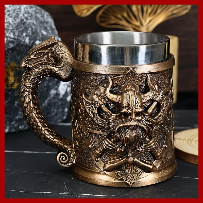 600ML Medieval Valhalla Viking Stainless Steel Nordic Viking Barrel Dragon Boat Warrior Horn Skull Beer Mug Beer Coffee Cup
