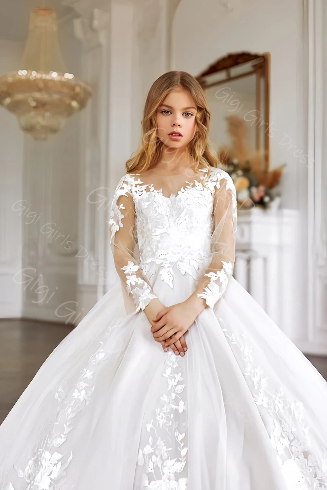 Vestido blanco de primera comunión con apliques de cuello transparente, vestido de niña de flores de manga larga con tren, vestido personalizado para fiesta de cumpleaños y boda