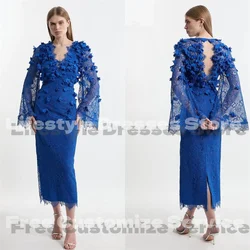Customized V-Neck Blue Lace V-Neck Prom Dresses With Flowers Long Flare Sleeves Backless Formal Evening Party Gown