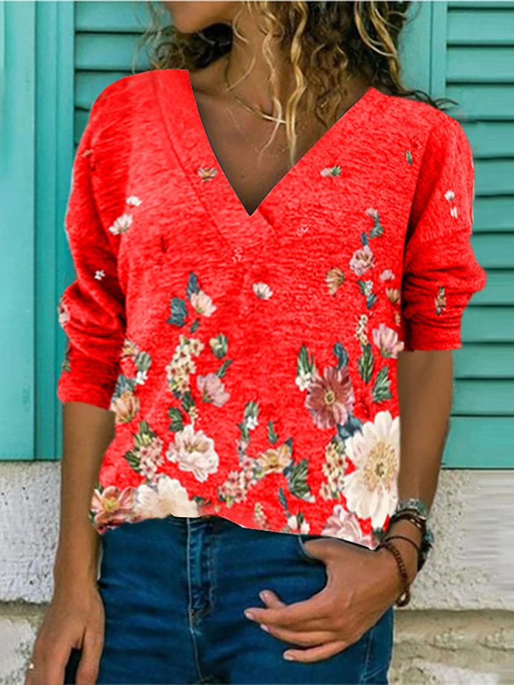 

2022 Spring Autumn Women Floral Print Casual Loose T-shirt O-Neck Long Sleeve Blouse Tops