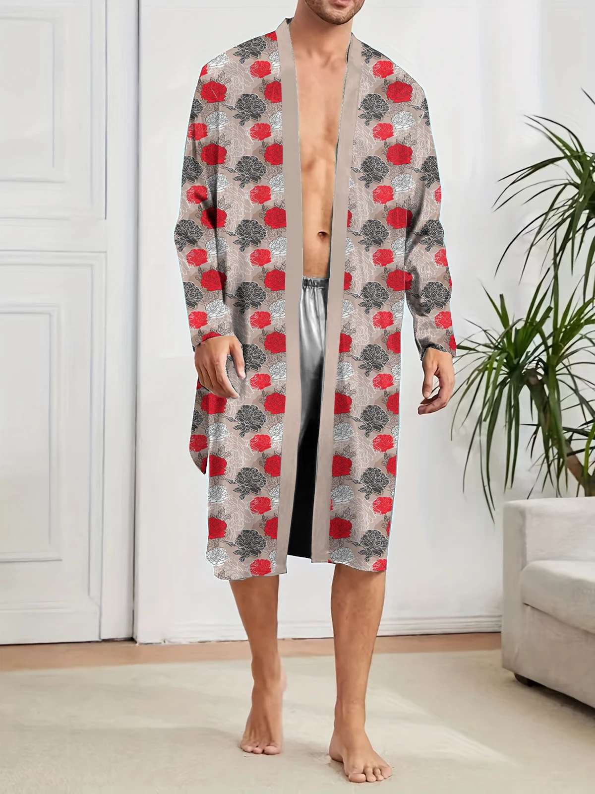 Men's Spring and Autumn Sleeping Robe Digital Printed Roses Pattern, Home Thin Style,Fashionable Casual Sleepwear Quick Drying