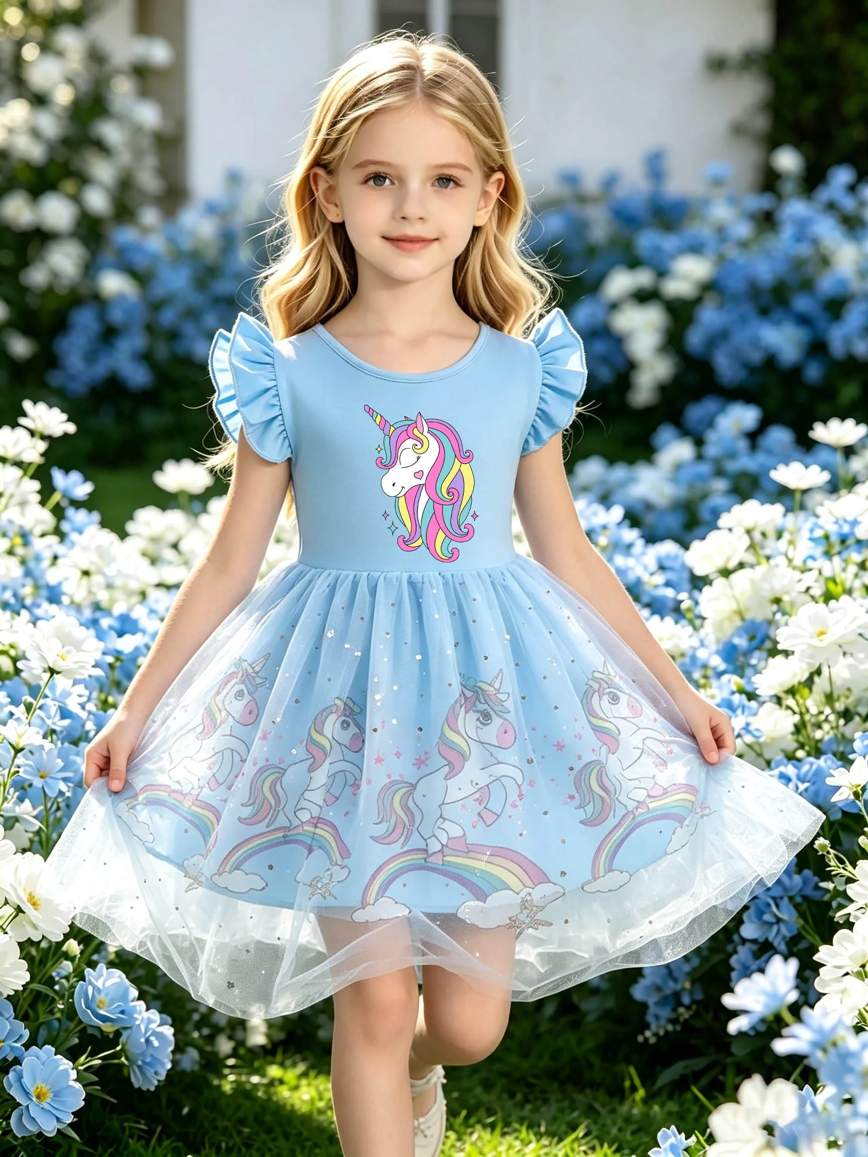 Girls' Light Blue Unicorn Dress with Colorful Mane, Flutter Sleeves & Star Tulle Puffy Princess Skirt