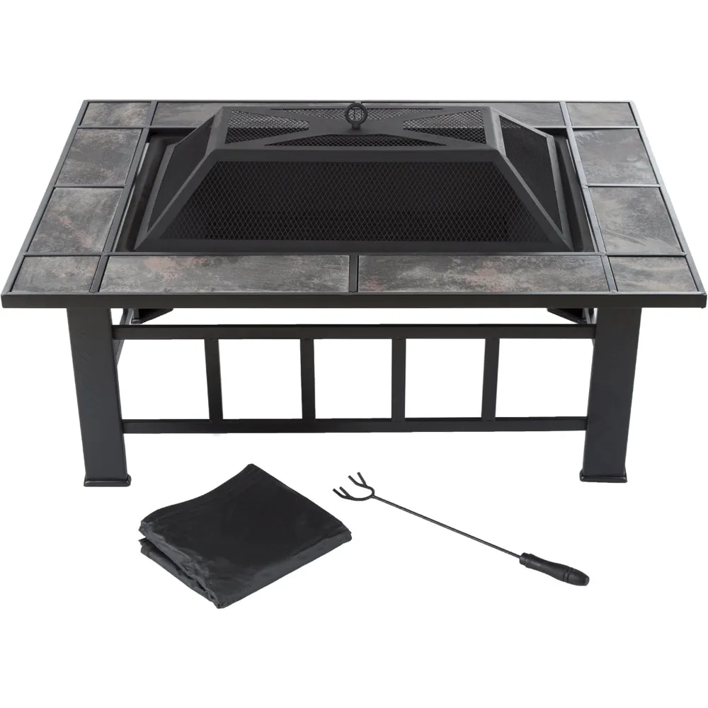 

Outdoor Patio Fire Pit Set with Marble Tile, Wood-Burning, Screen, Cover, and Log Poker, 37 Rectangular