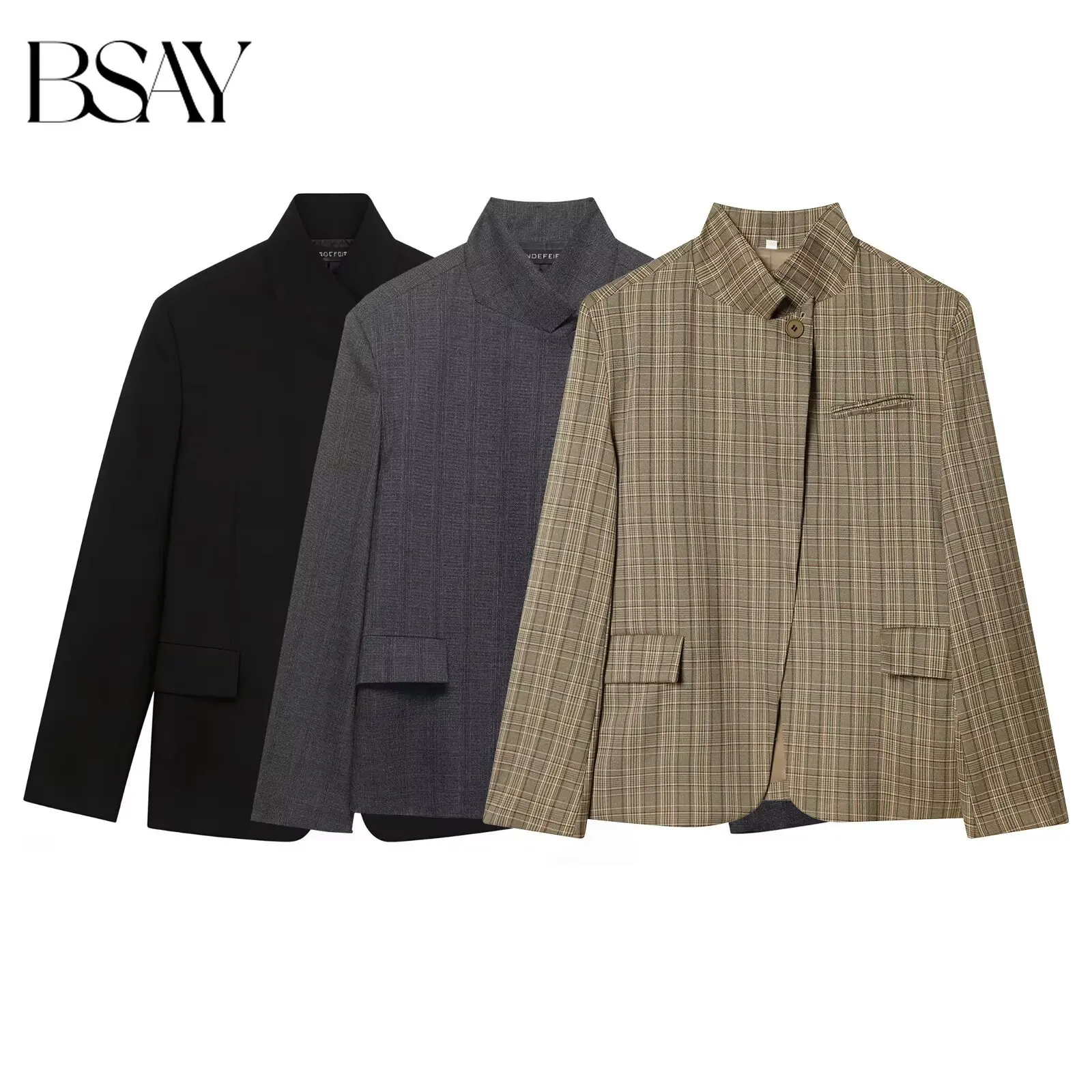 

Женский пиджак BSAY 2026 весна, в клетку, с воротником-стойкой, асимметричной застежкой на пуговицах, оверсайз, элегантный офисный стиль, для женщин