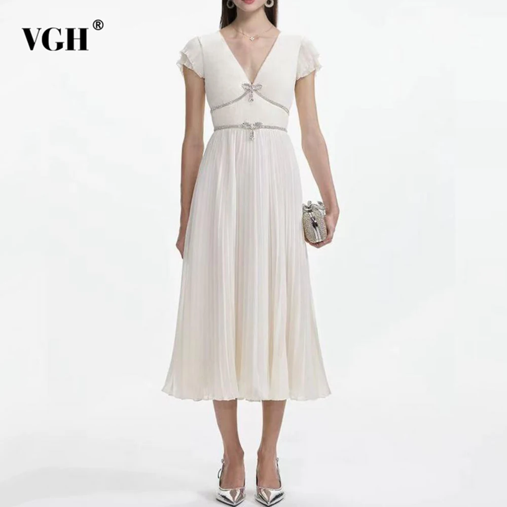 

VGH Designer Slimming Evening Dresses For Women Deep V Neck Short Sleeve High Waist Spliced Diamond Dress Female Fashion Style