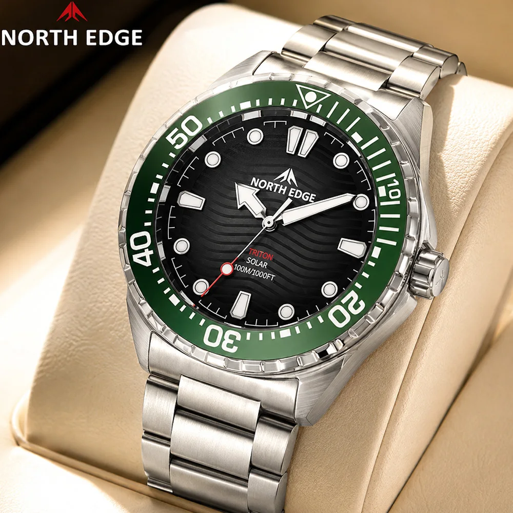 Nouvelle montre de plongée solaire à quartz NORTH EDGE TRITON pour homme 2026, étanche 300M, aiguilles lumineuses, batterie 180 jours, montre-bracelet de sport d'extérieur