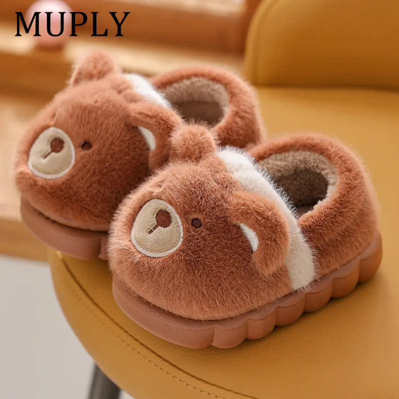 Winter Children Cotton Slippers For Girls Boys Cute Cartoon Baby Flip Flops Plus Velvet Warm Kids Anti-slip Home Indoor Shoes
