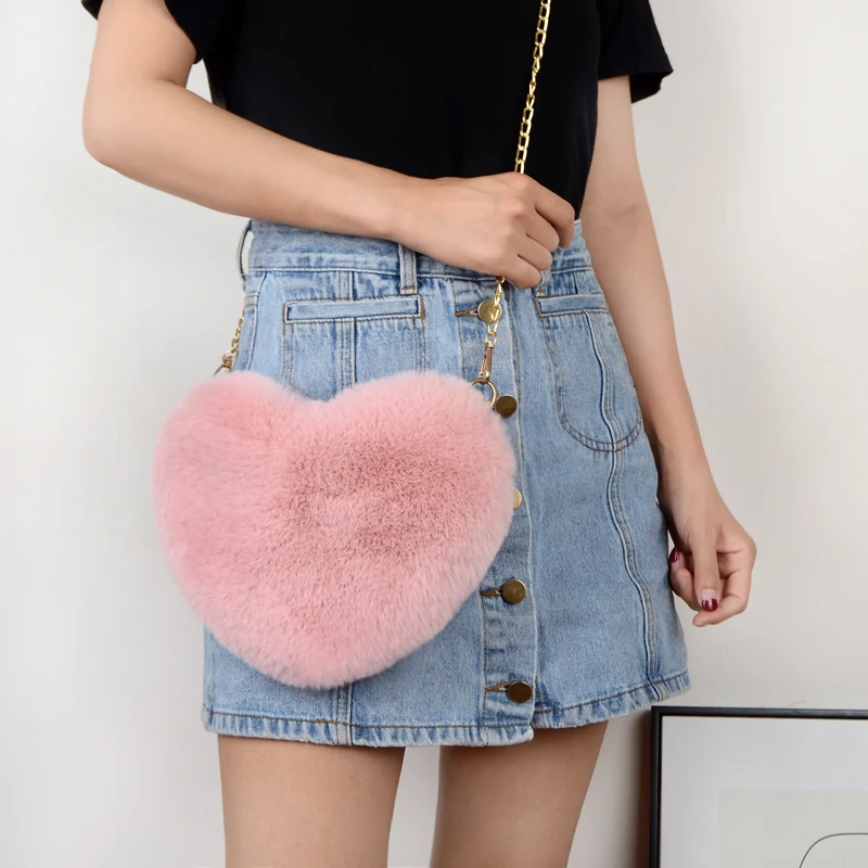 Fashion Women's Heart Shaped Handbags Cute Shoulder Bag Fashion Plush Chain Bag Handbag Zipper Purse for Valentine's Day Gift