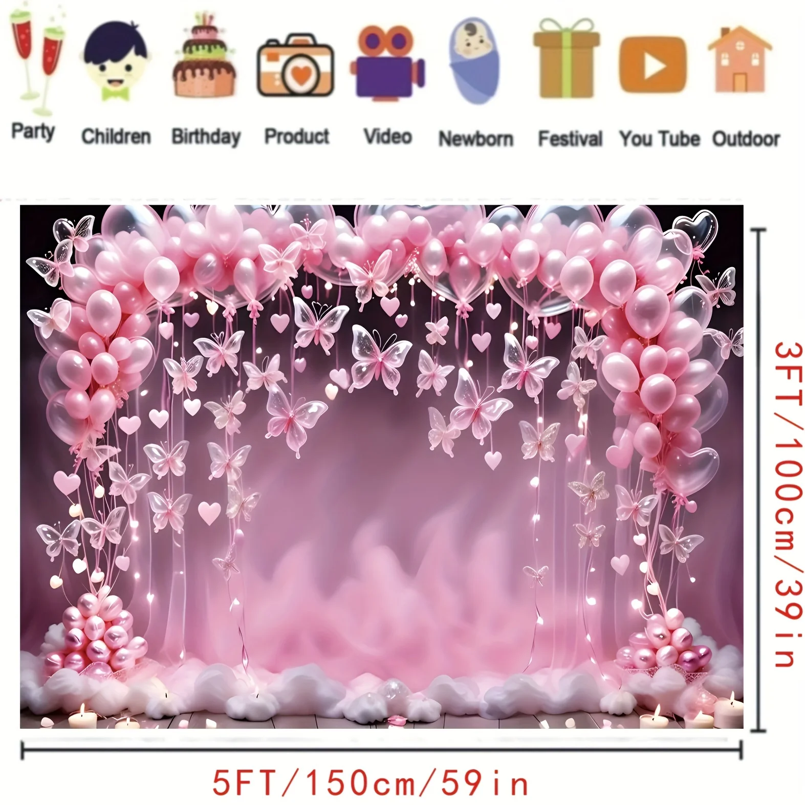 Pink Butterfly & Balloon Celebration Backdrop With Heart Lights & Clouds - Photography Prop For Birthdays & Special Occasions