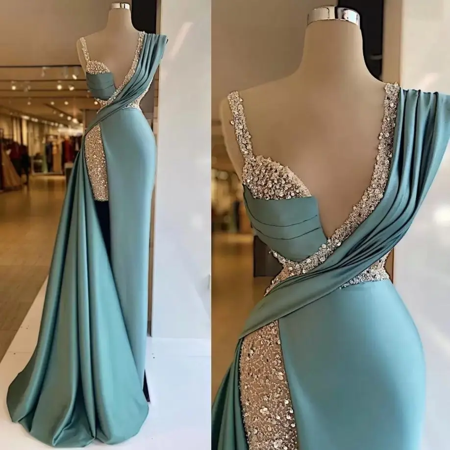 

2023 Sparkly Sequins Side Split Mermaid Evening Dresses Crystal Long Formal Prom Gowns Custom Made Plus Size Pageant Party Wear