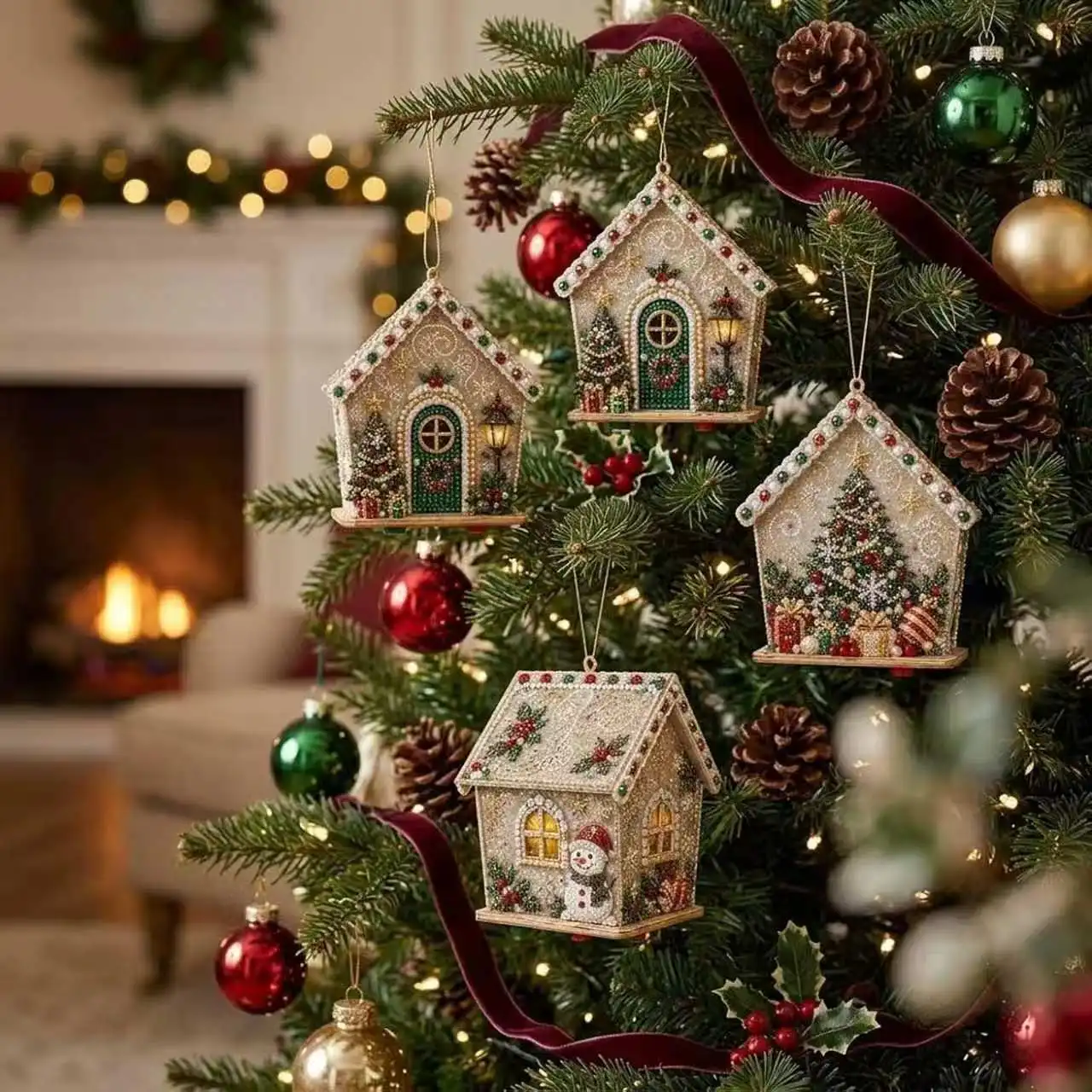 3D-Diamantmalerei Weihnachtshütte-Set, DIY-Handarbeit, Kristall-Strass-Haus, Bastelartikel, festliches Weihnachtsschmuck-Geschenk für Kinder und Erwachsene – Detail 7