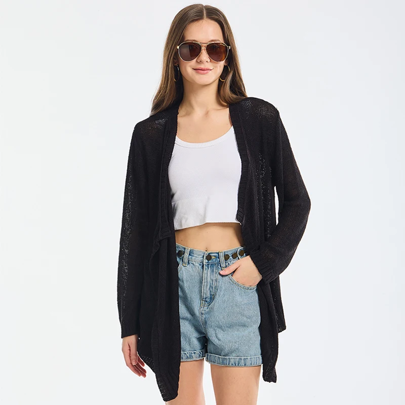 Summer Black Knit Cardigan Women Mesh Cover Up Thin Cardigans 2024 Casual Long Sleeve Tops for Women Open Front Sweater Woman