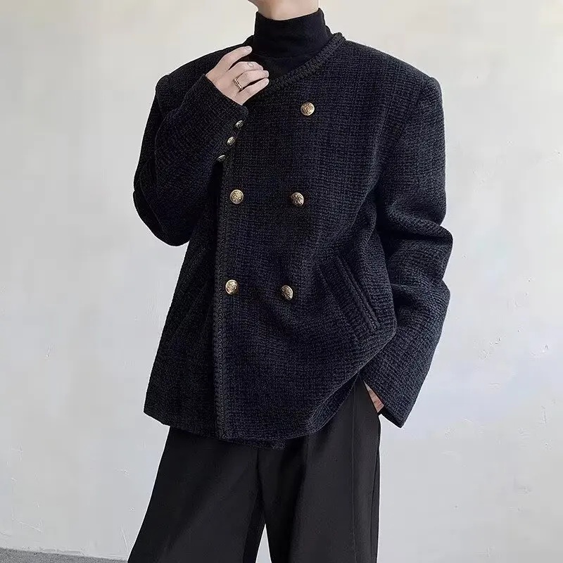 

Молодежный корейский вязаный костюм-пиджак для мужчин: повседневный модный пиджак из полиэстера с длинными рукавами, декорированный пуговицами, стандартный крой