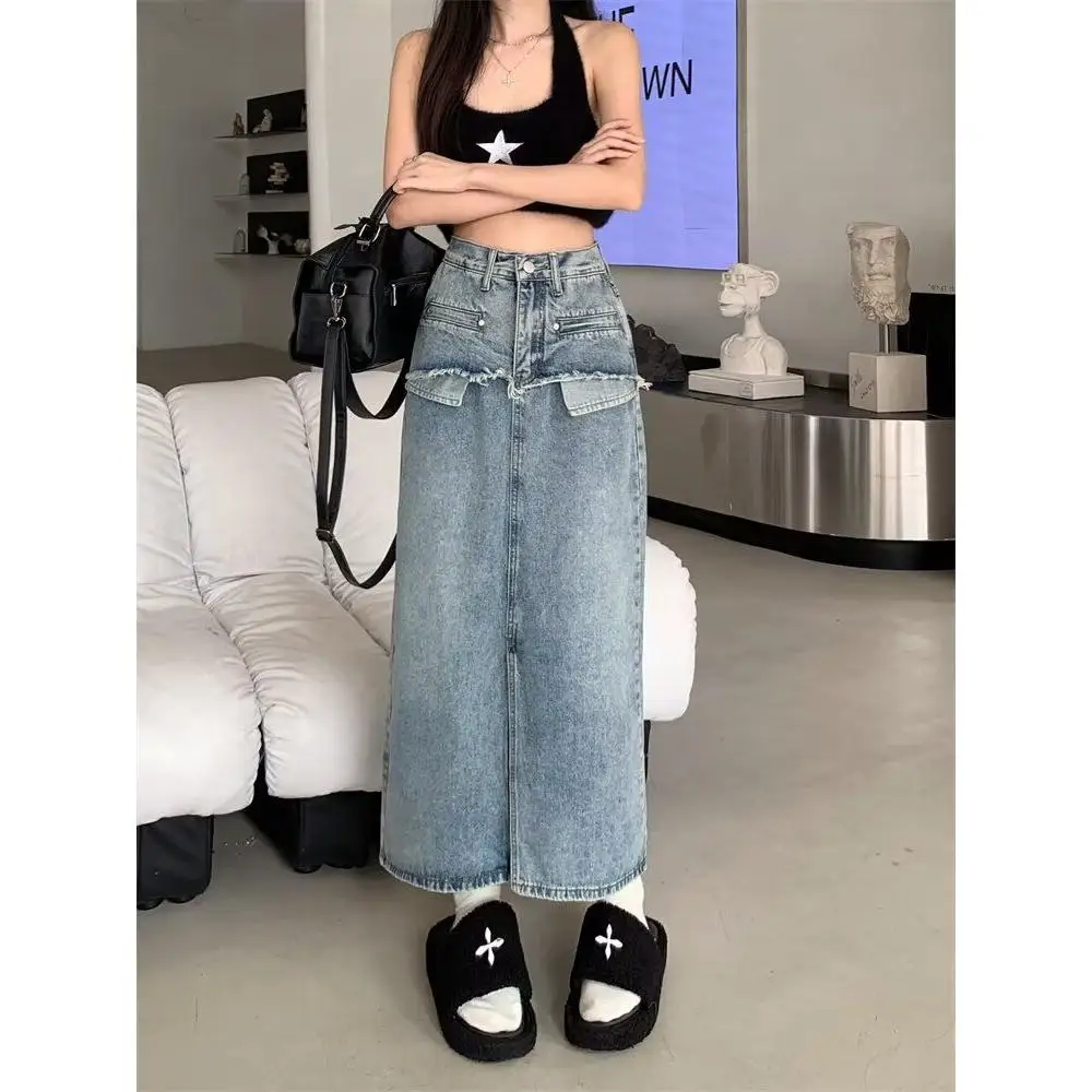 

Slimming High Waist Midi Denim Skirt for Pear aped Women Spring Autumn Casual Comfortable Fitted Skirt with kets