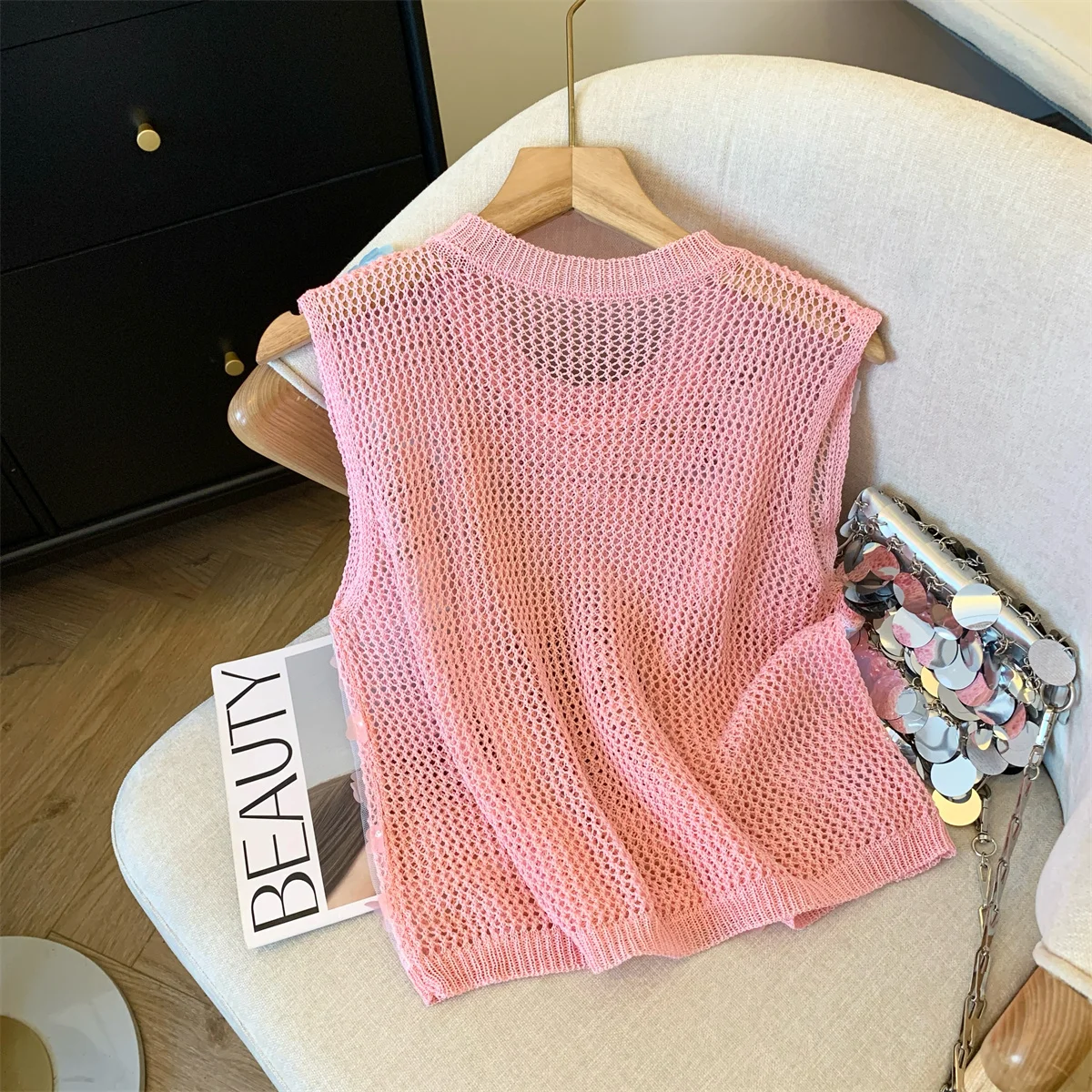 Flower Hollow Knit Sweater Vests Women 2024 Summer Thin Stylish Chic Fashion Sexy Tops Sleeveless O-neck Tees Knitwear Jumpers