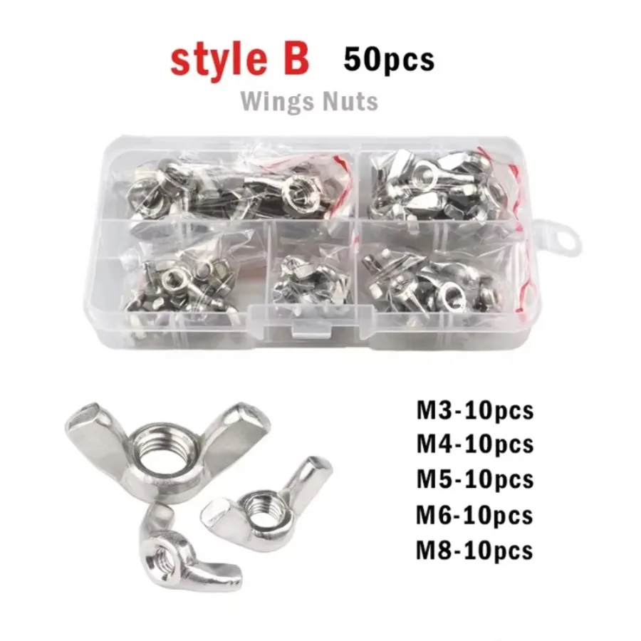 304 Stainless Steel Wing Nut Assortment Kit 50/100pcs M3 M4 M5 M6 M8 M10 M12 Butterfly Nut Hand Tighten Thumb Wingnuts Set