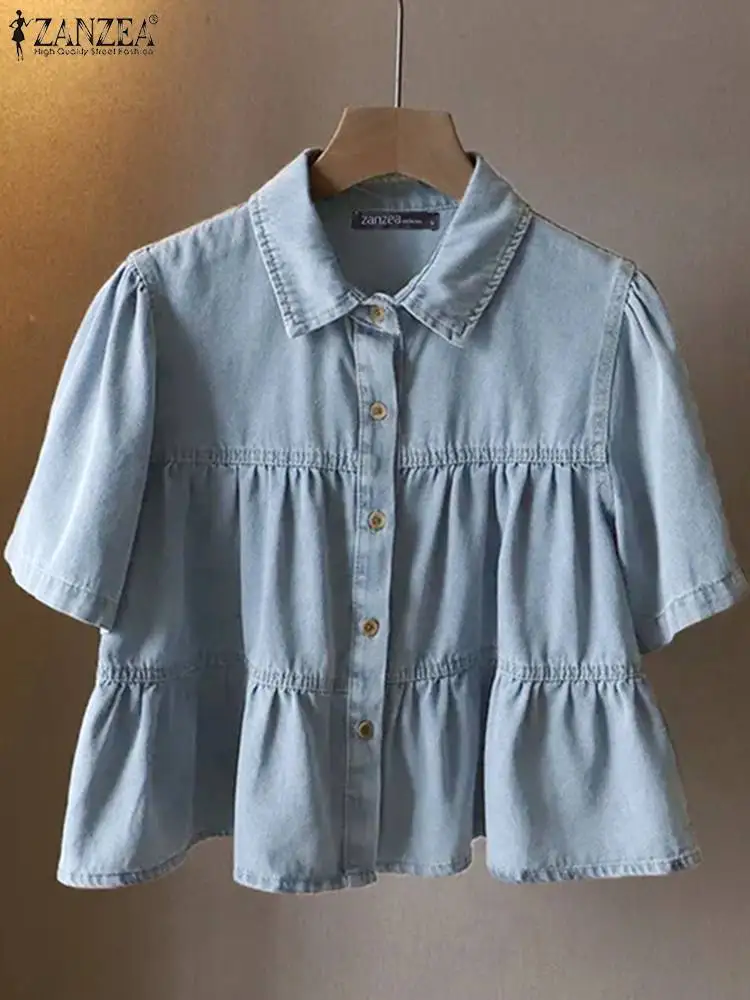 

Korean Fashion Lapel Neck Short Sleeve Blouse Casual Women Solf Denim Shirt ZANZEA Summer Solid Ruffles Tops Holiday Party Blusa