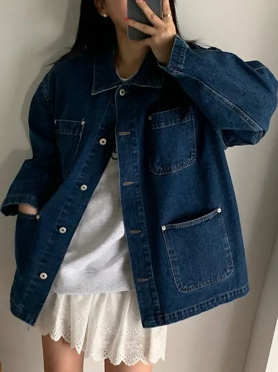

Loose Korean Sle Women's Denim Jaet Long Sve Turn-down Collar Vintage Hong Kong Sle Single Button Autumn Top