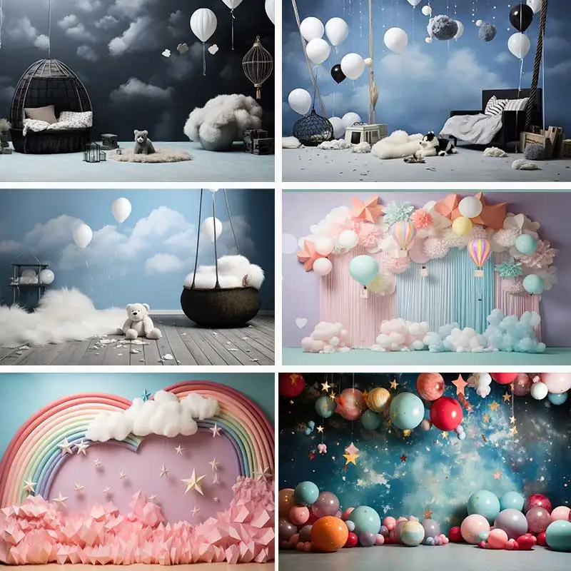 Balloons Clouds Party Backdrops Children Kids Birthday Photography Cake Smash Sofa Plush Toys Background Photo Shoot Studio