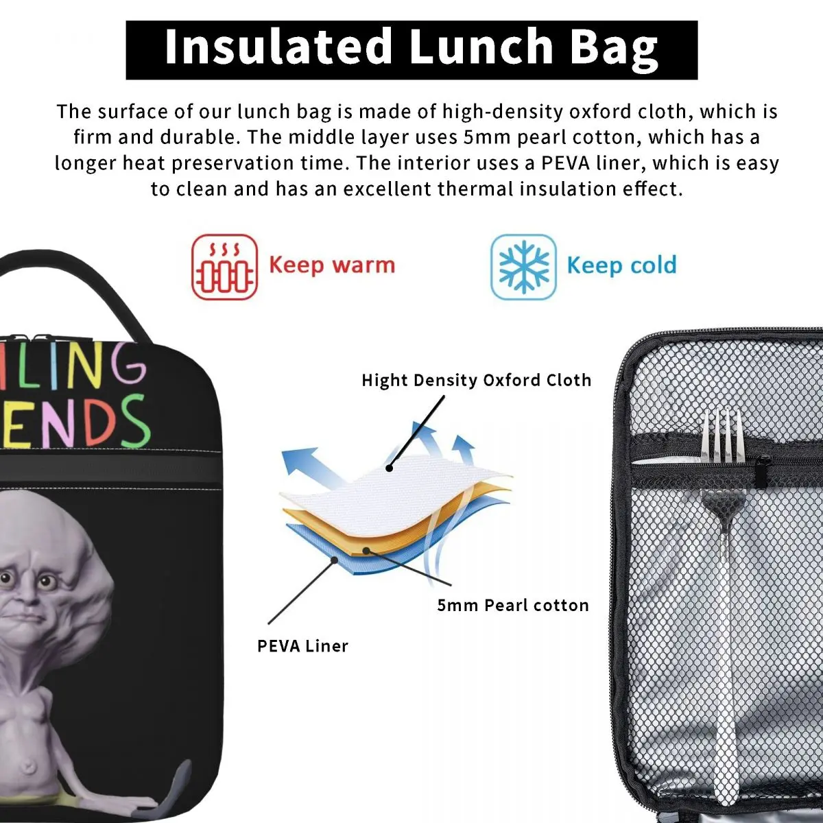 3D Squelton Smiling Friends Insulated Lunch Bags Cooler Bag Reusable Lunch Container Leakproof Tote Lunch Box Food Handbags